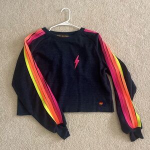 BOLT EMBROIDERY CLASSIC CROPPED CREW SWEATSHIRT - HEATHER NAVY // NEON STRIPES